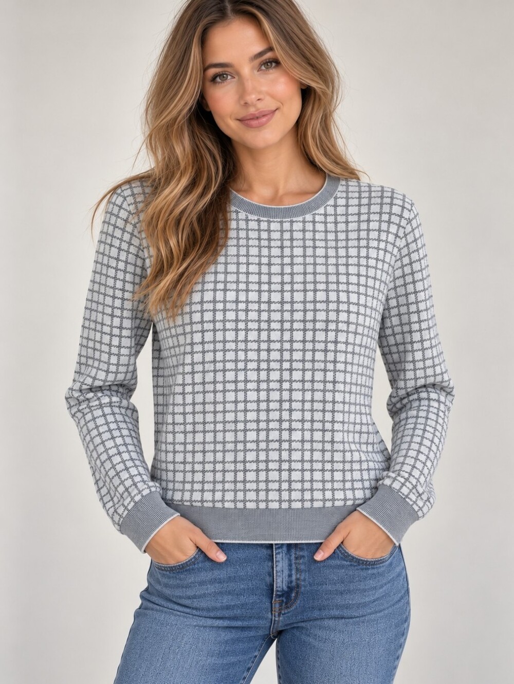 Theory Gray and White Grid Crewneck Sweater